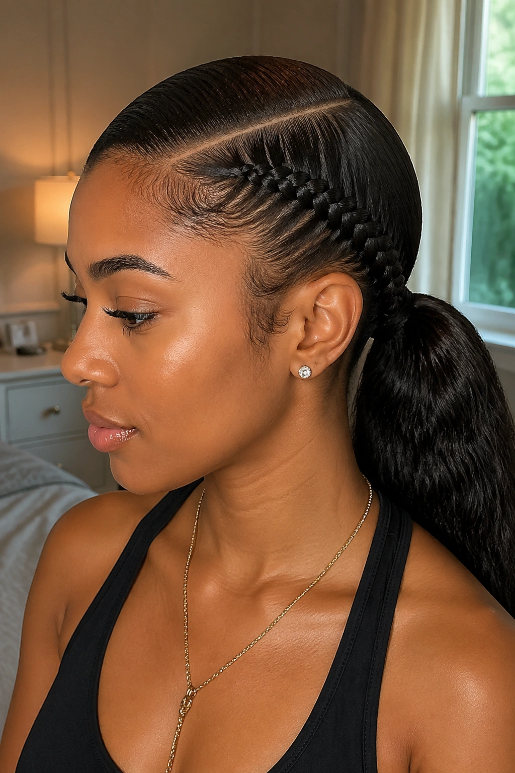 Close-up of a real woman with a deep side part and a cornrow leading to a low ponytail