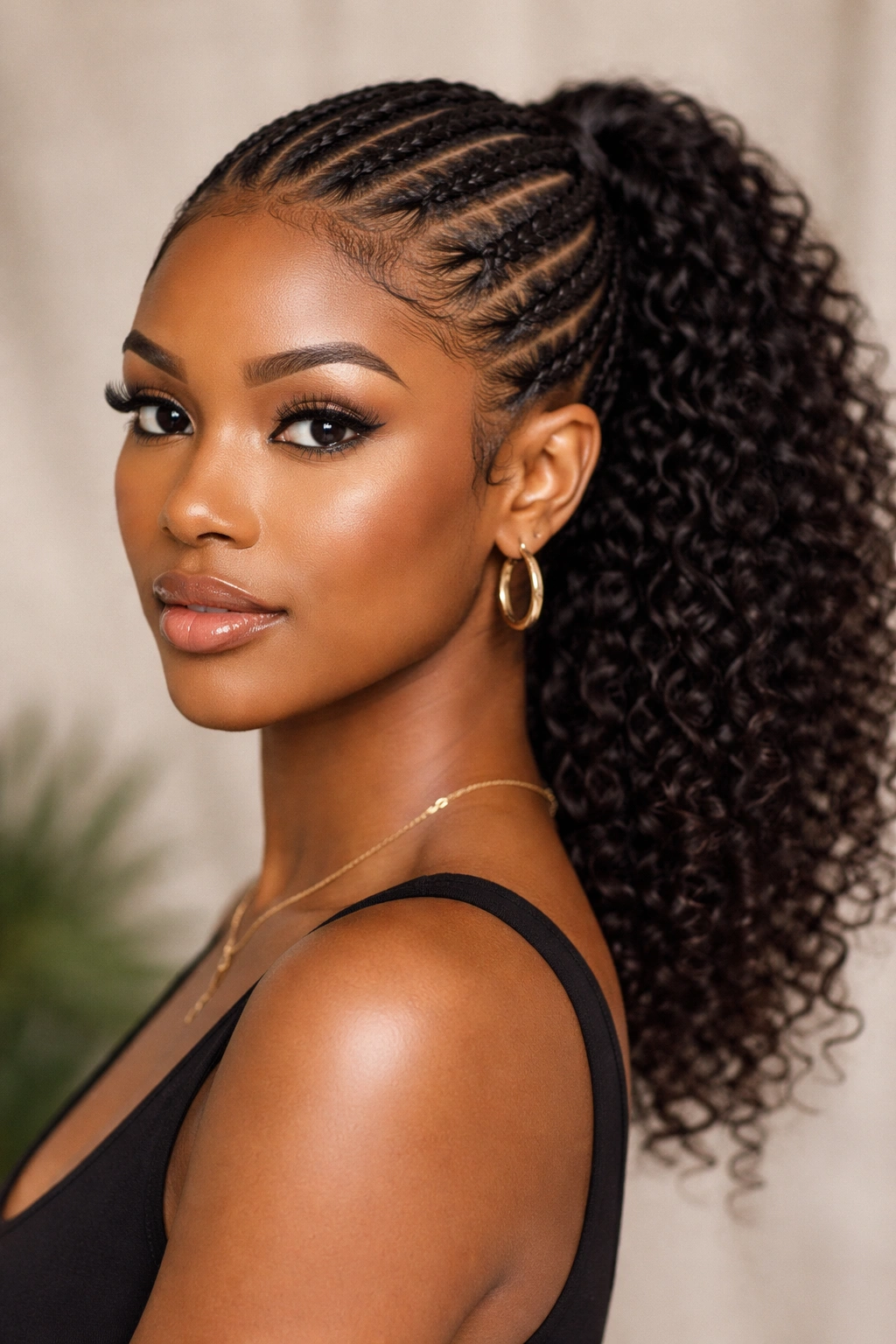 Cornrow braids leading to a mid ponytail.