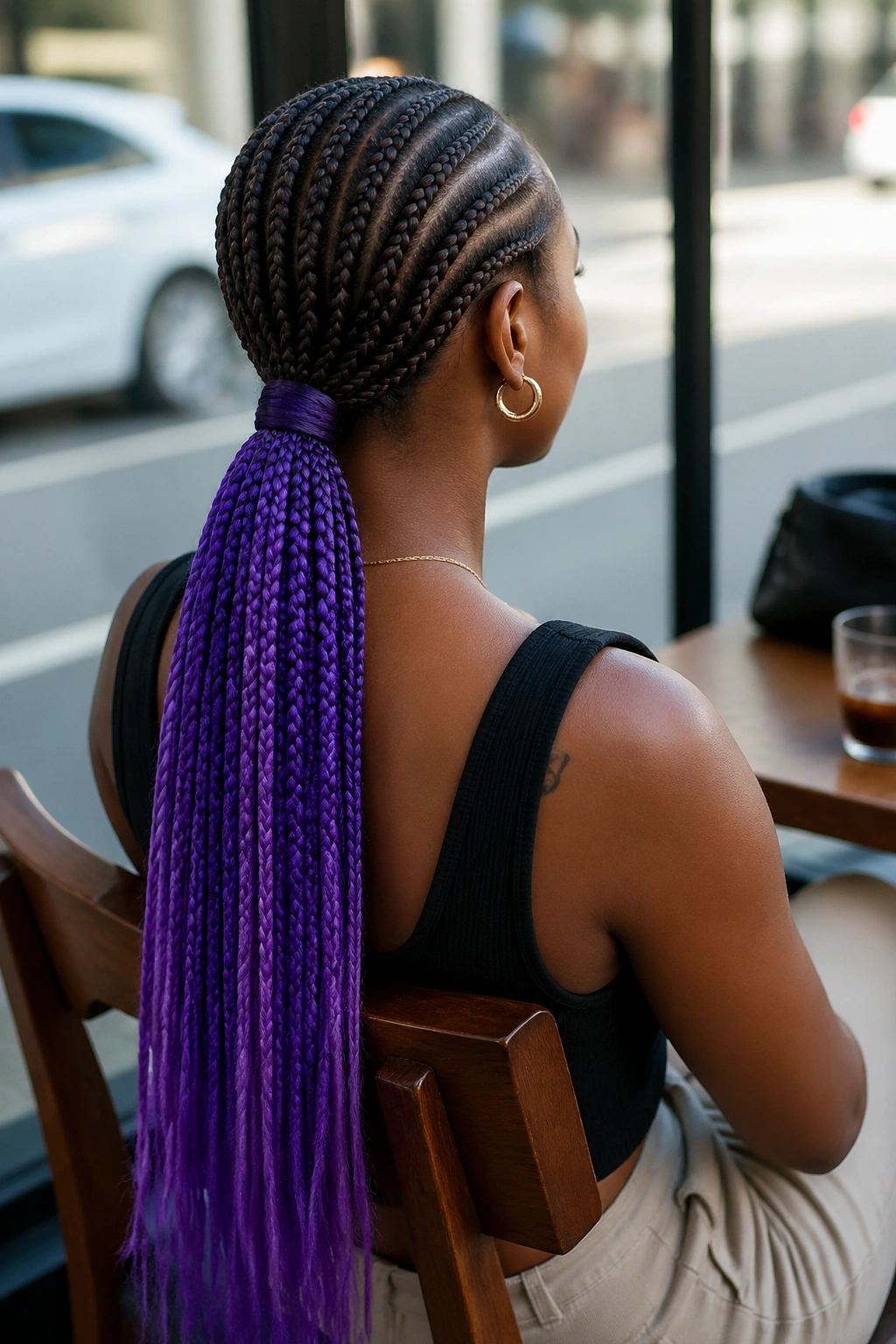 Back view of cornrow ponytail with purple extensions on a real person