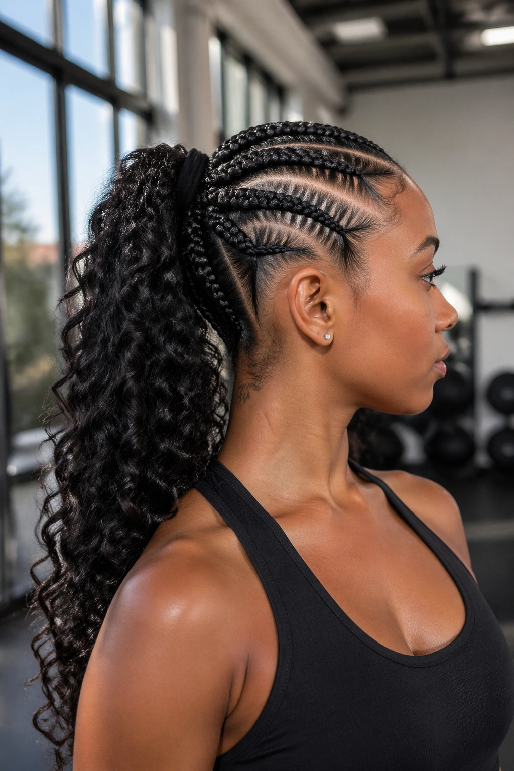 Profile view of a real woman with a cornrow-base securing a long curly ponytail.