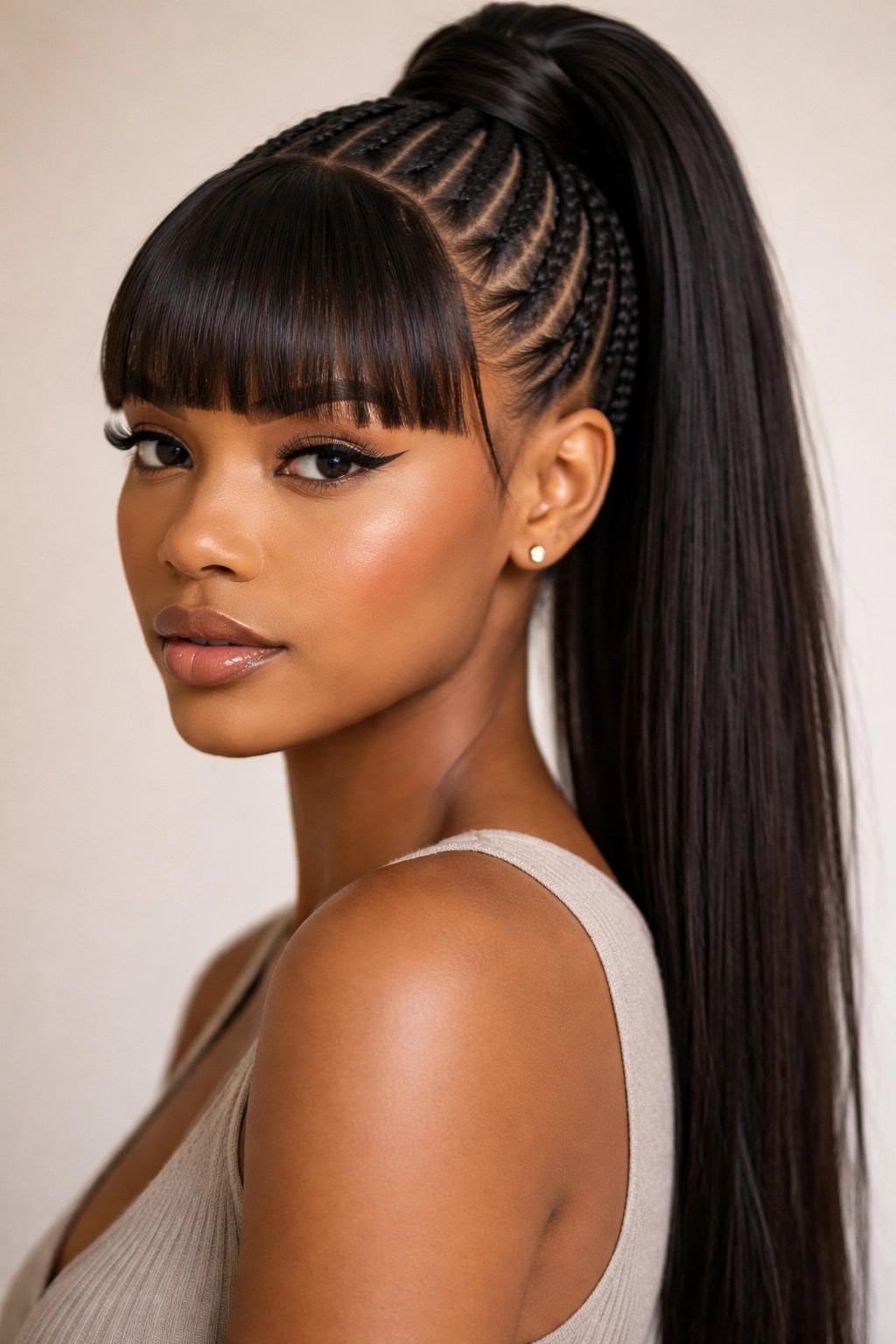 Close-up of sleek high cornrow ponytail with straight-across bangs and neat parting.
