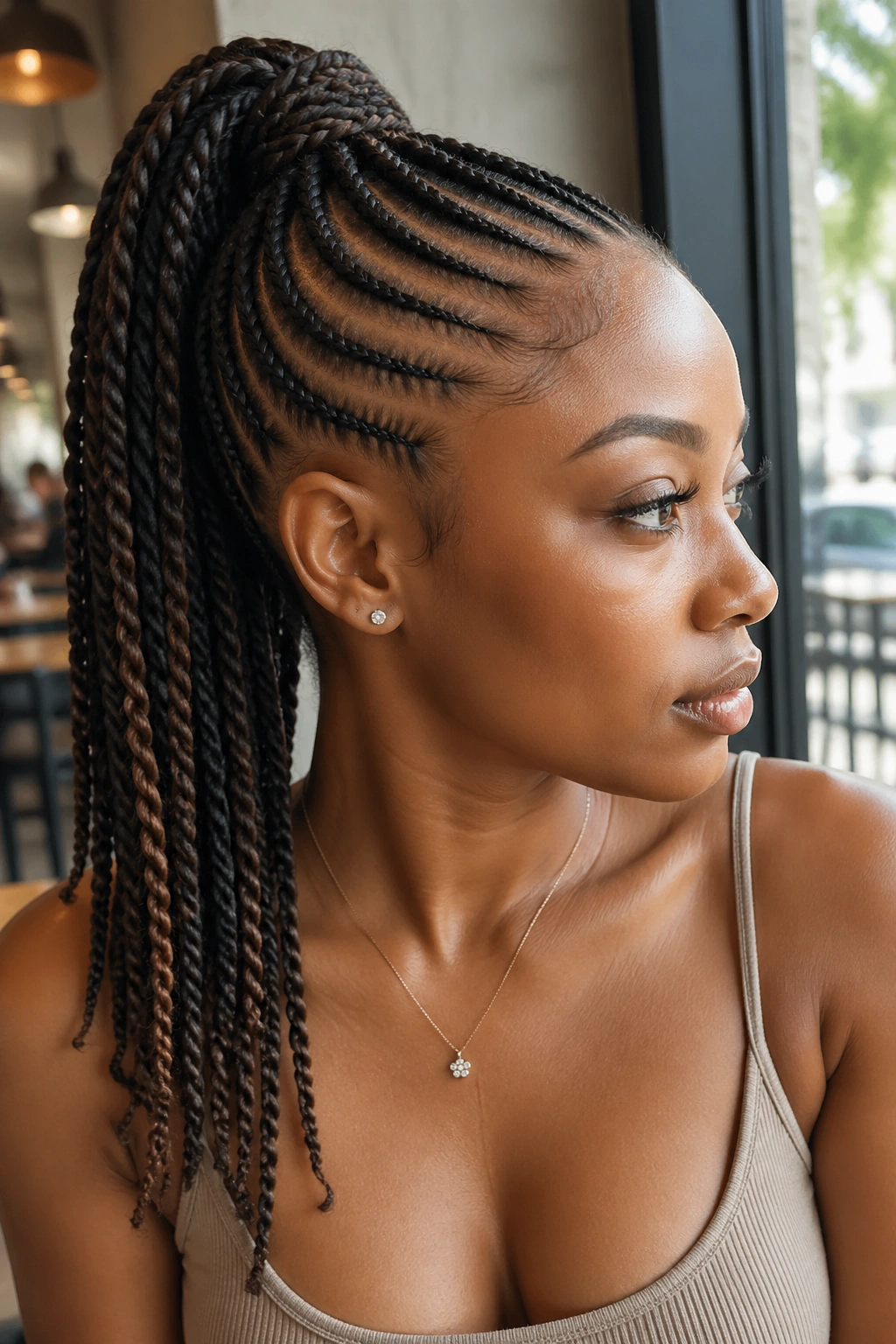Cornrow ponytail with twist hang on real woman, high ponytail close-up