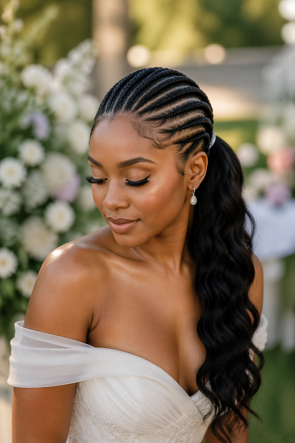 Close-up of cornrow ponytail with a wavy extension and side sweep on a real woman