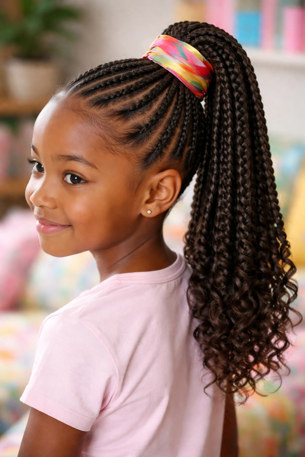 Girl with high cornrow ponytail and satin wrap at the base