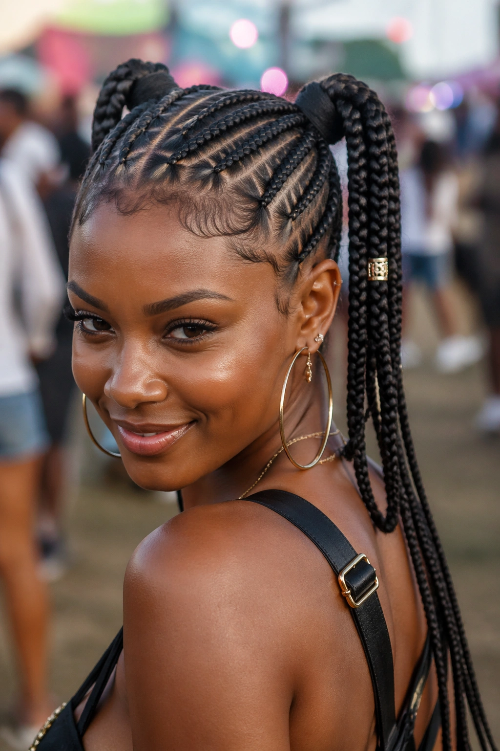 Close-up of two cornrow ponies on a real woman's head in daylight