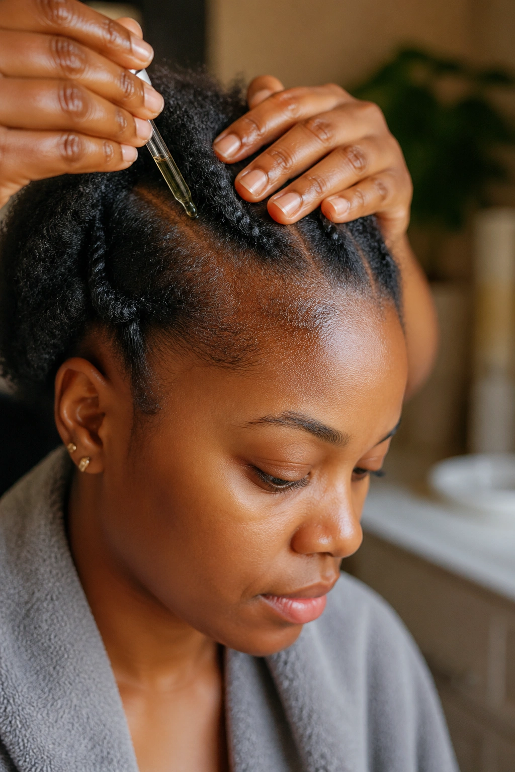 Close-up of damp hair with scalp oil applied during cornrow prep