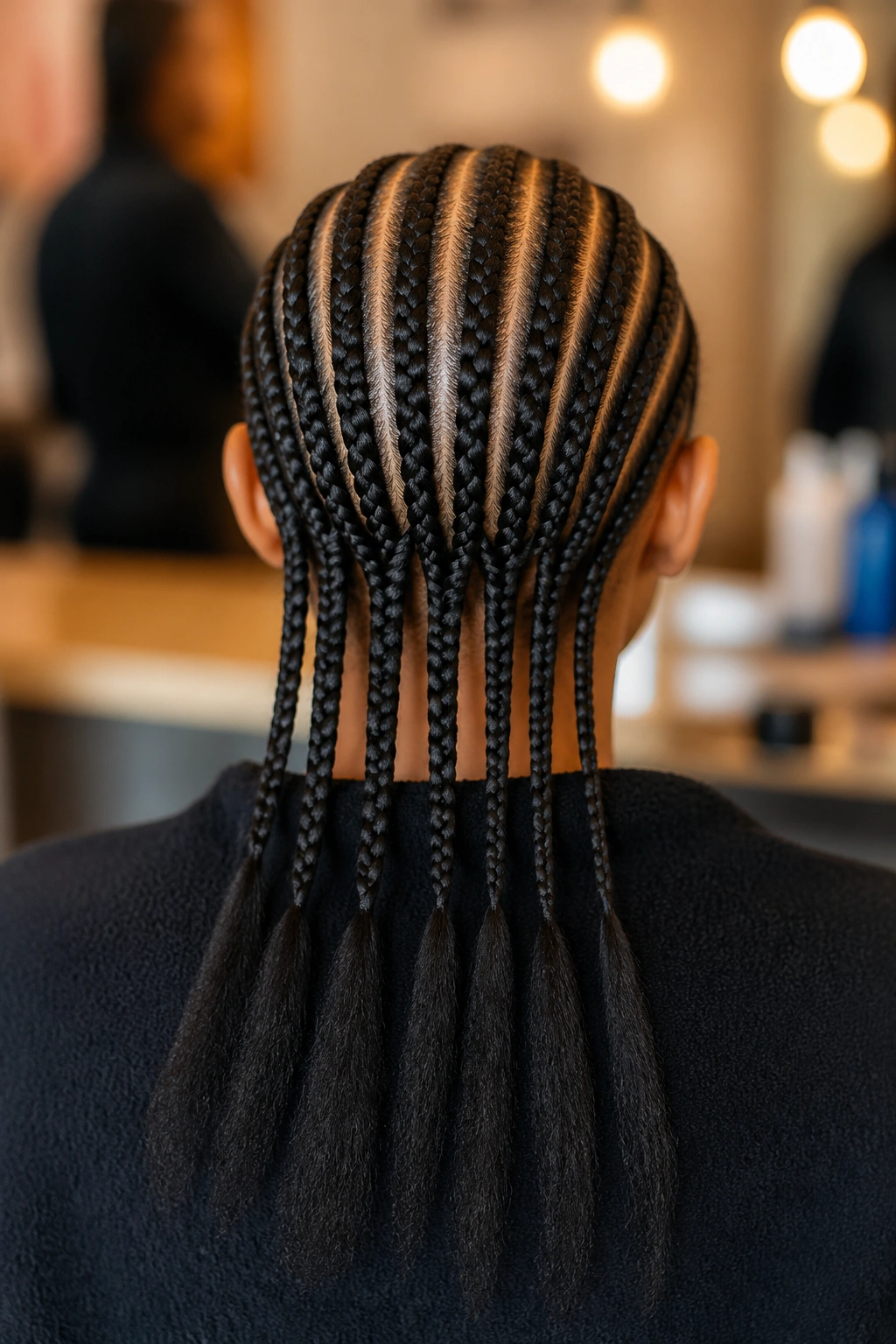 Back of head with cornrows and long ends ready for beading.