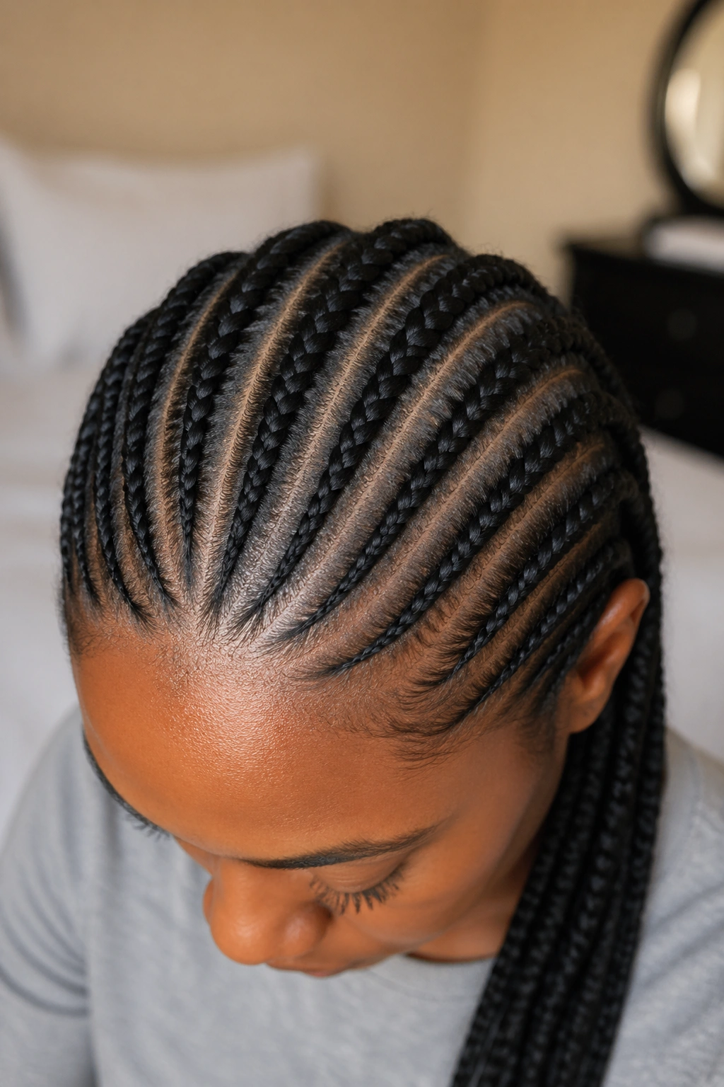 Close-up of scalp with clean parts and moisturized sheen before cornrow install