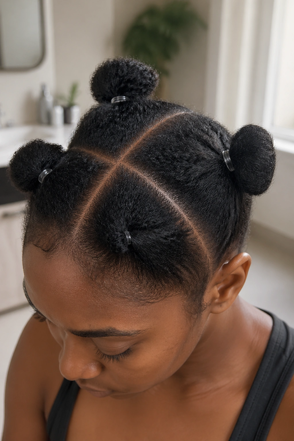Woman with four-quadrant hair parting ready for cornrows