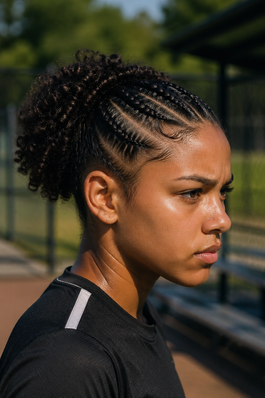 Close-up of real athlete with cornrows front and puff back