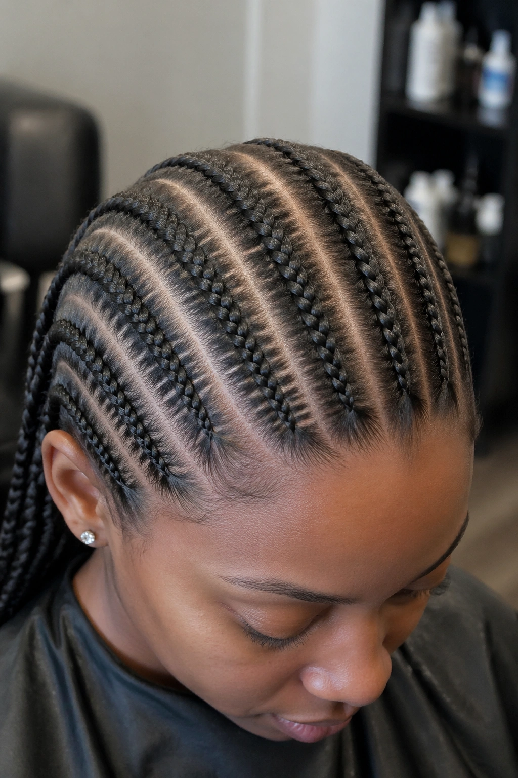 Close-up of a real person's scalp with evenly spaced straight parts