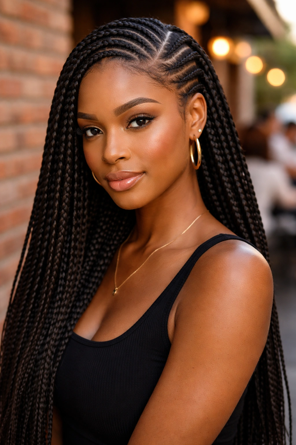 Close-up of real woman with side-part cornrows and box braid sweep