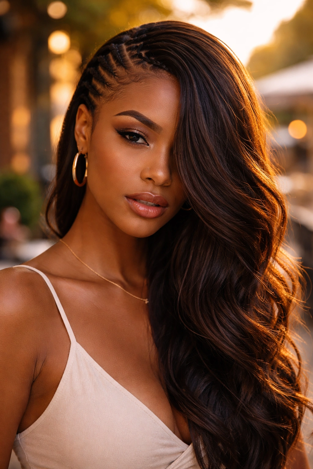 Close-up of cornrow side part with sweeping loose hair across the face
