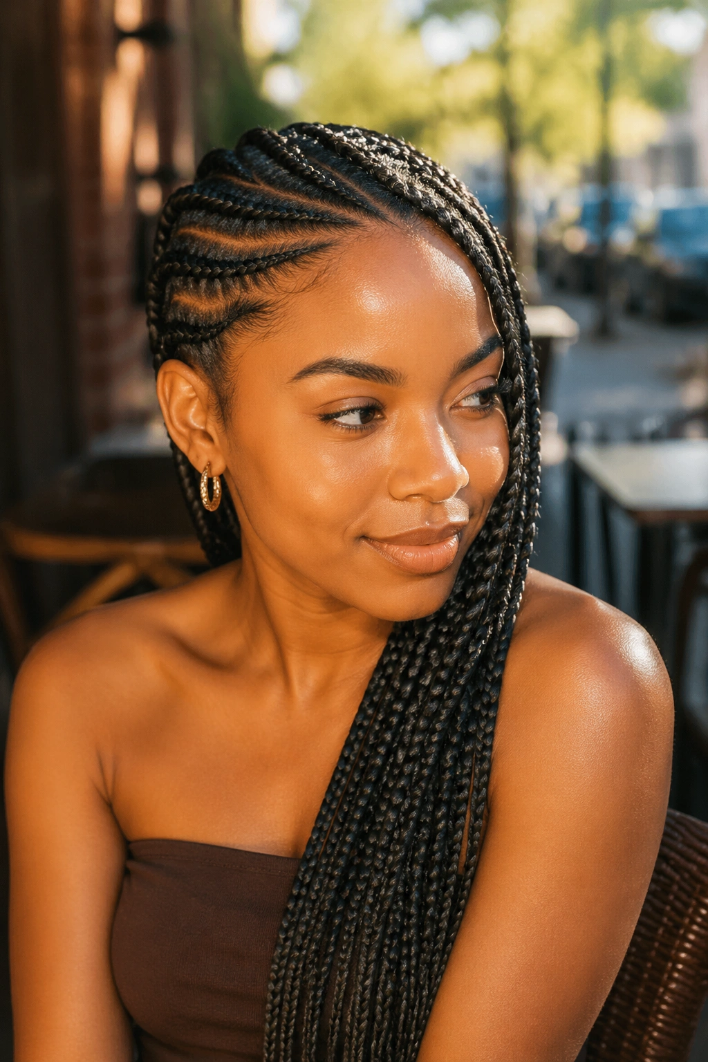 Real woman with diagonal side-swept cornrows in a street-side cafe setting