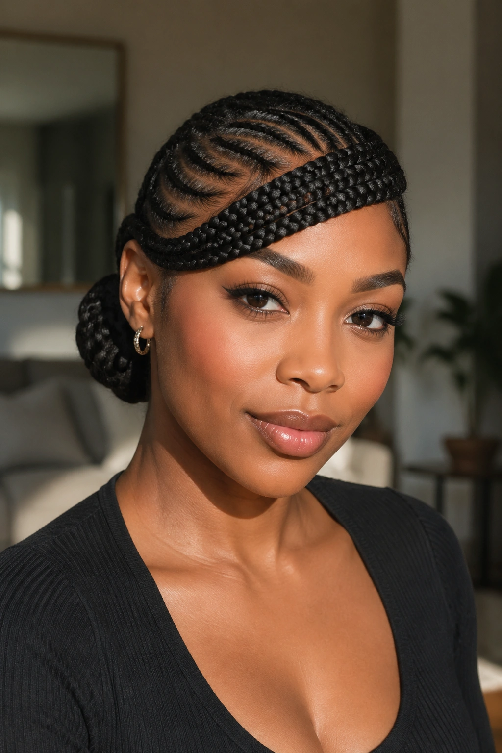Close-up of a Black woman's face with a side-swept cornrow bang and low updo
