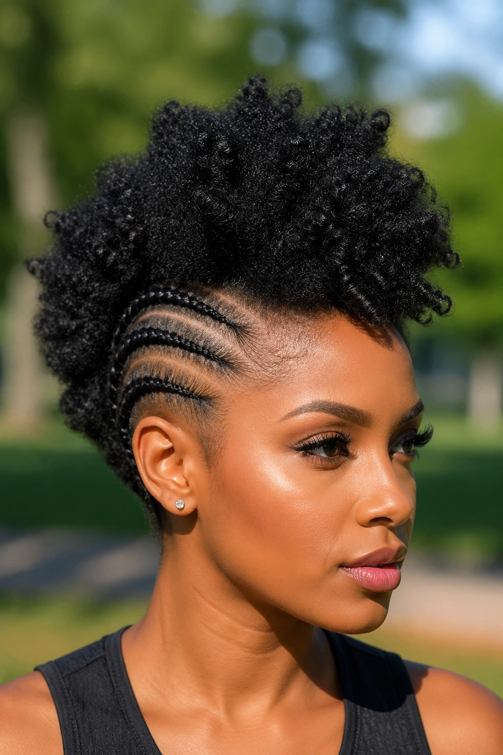 Portrait of a real person with cornrow-sided Mohawk and full center afro.