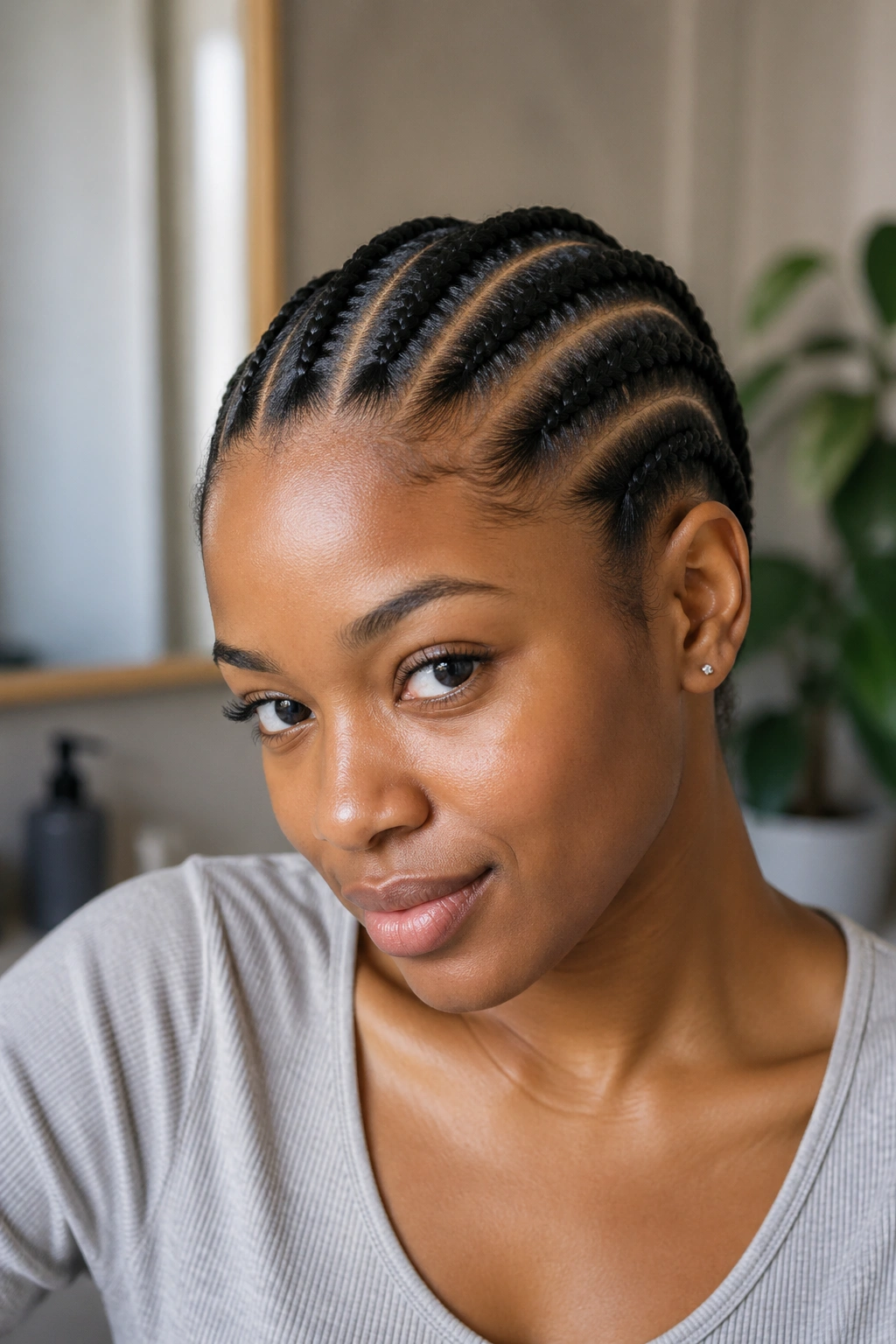 Portrait of a real woman with beginner-friendly cornrows in a home setting