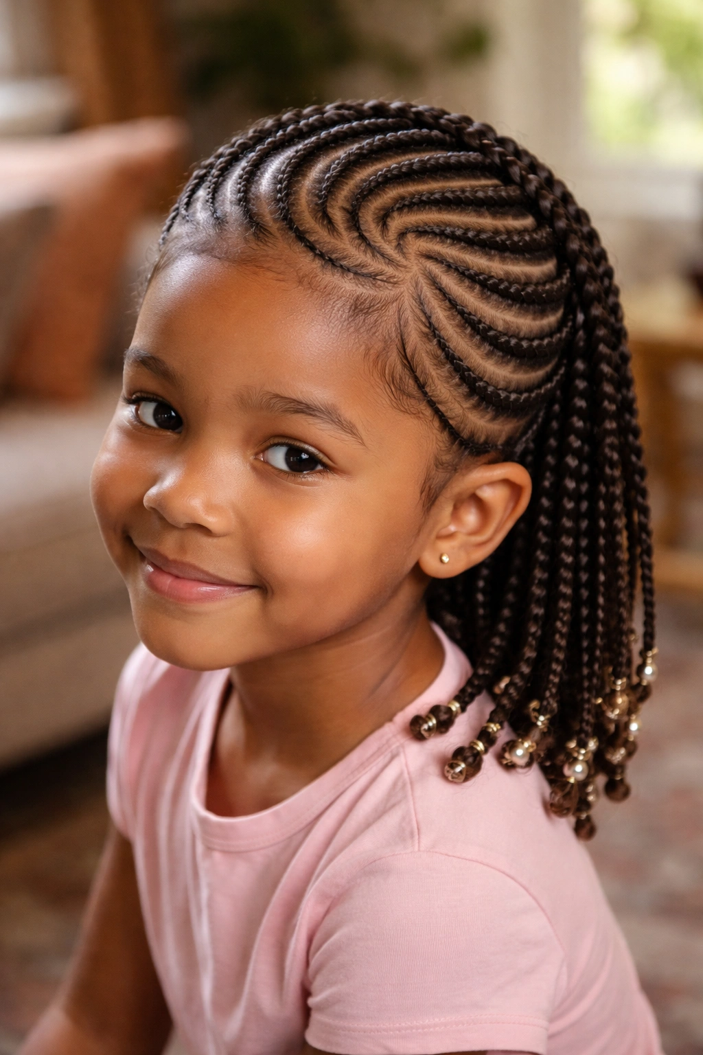 Girl's crown spirals cornrows with larger spacing in soft light