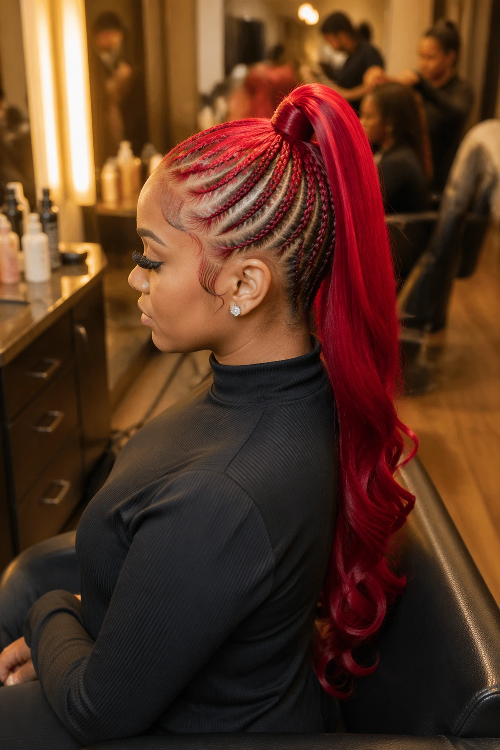 Cornrow base red swoop ponytail in salon
