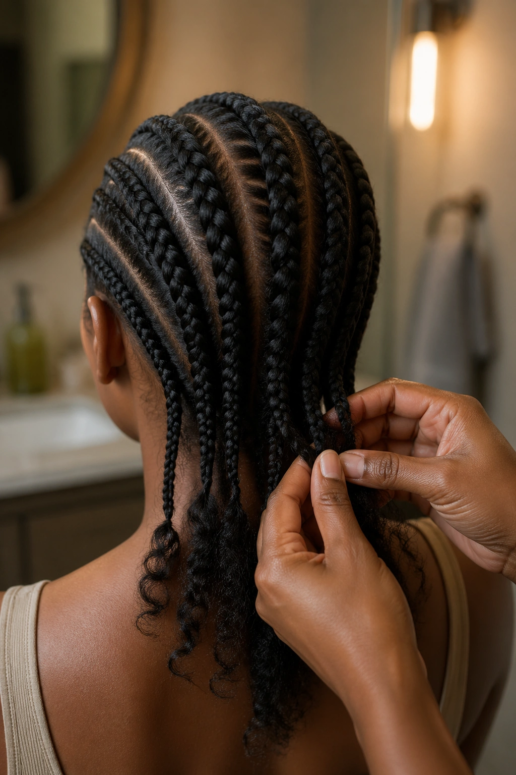 Back view of a real person unraveling cornrows carefully to prevent breakage