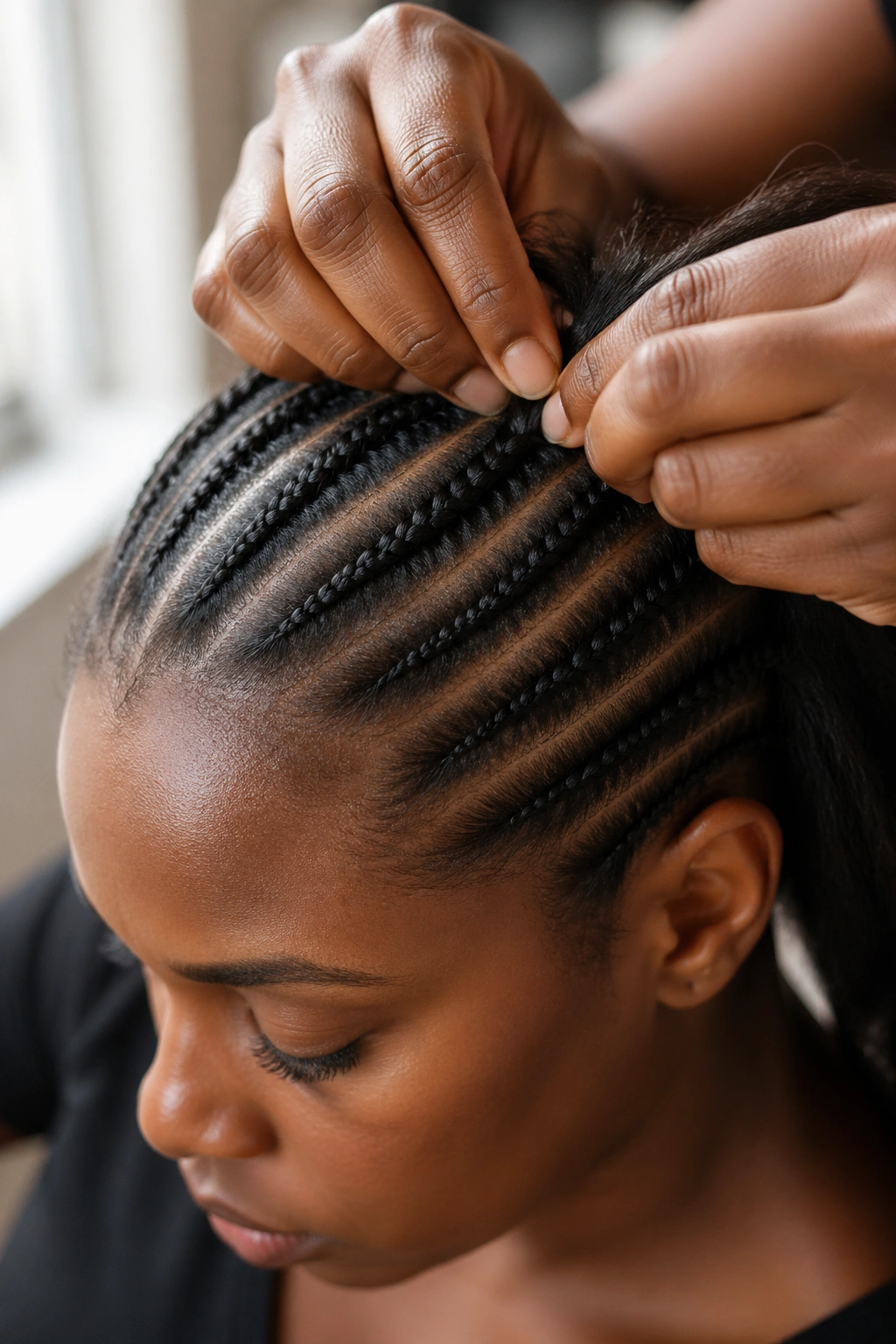 Close-up of scalp showing tight cornrows and crisp parts on a real person's head
