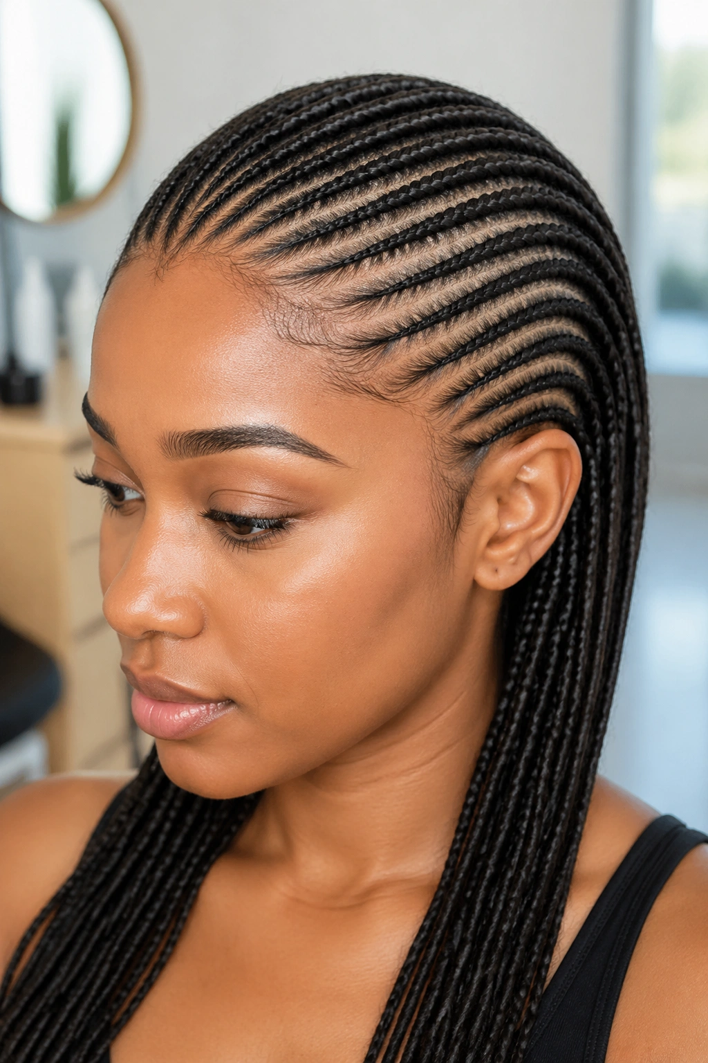Close-up of a real woman's head with thin, neatly parted cornrows showing even tension.