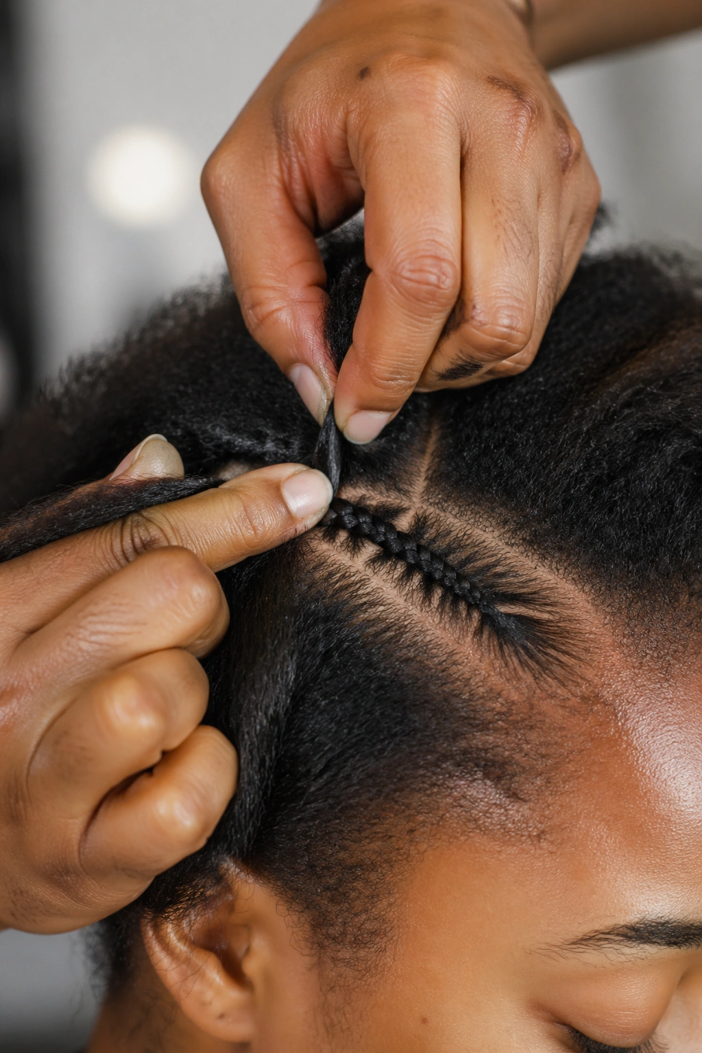 Close-up of scalp and fresh cornrow braid being started with underhand braiding technique.
