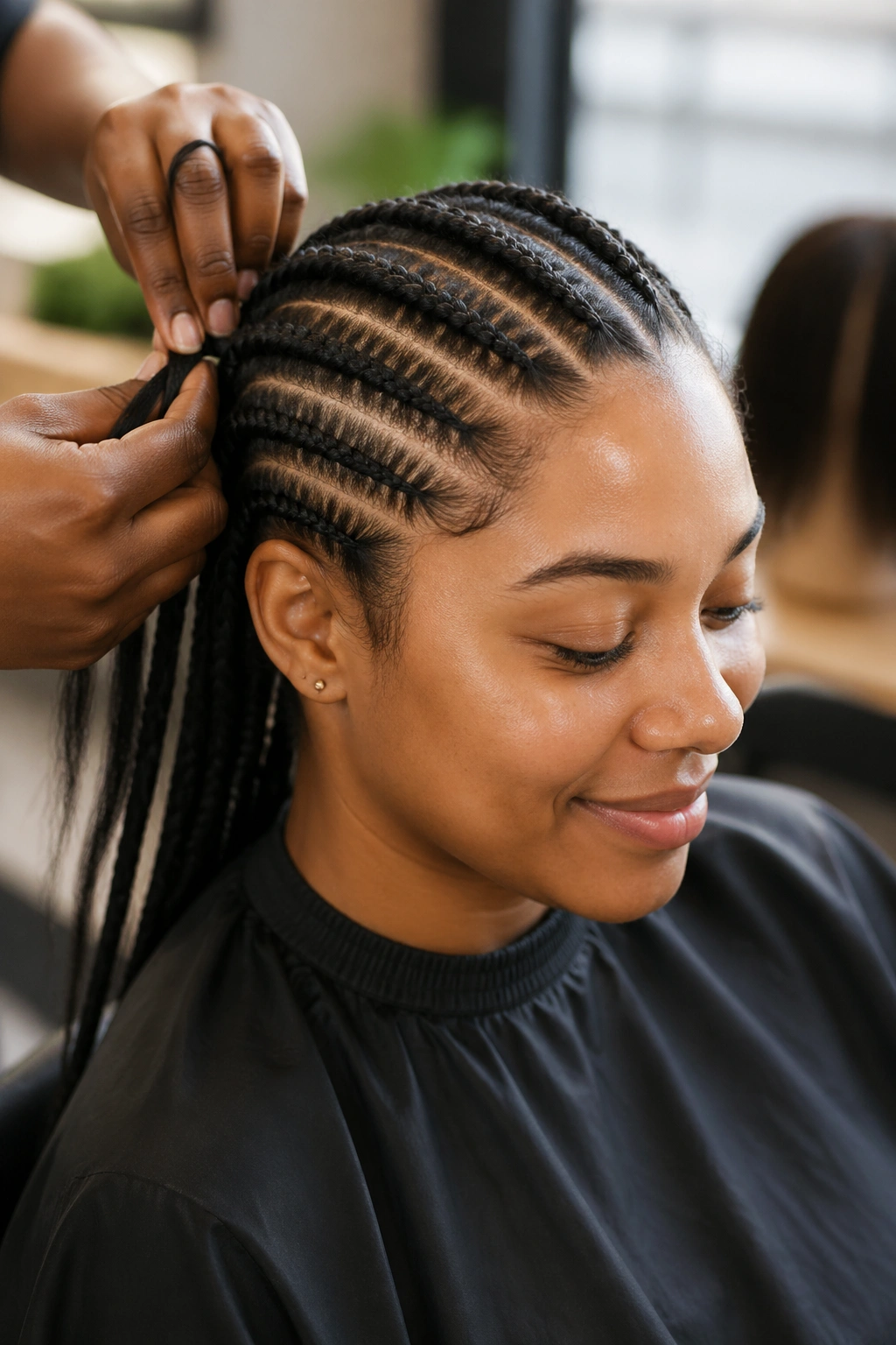 Close-up of real person with comfortable cornrow tension during braiding