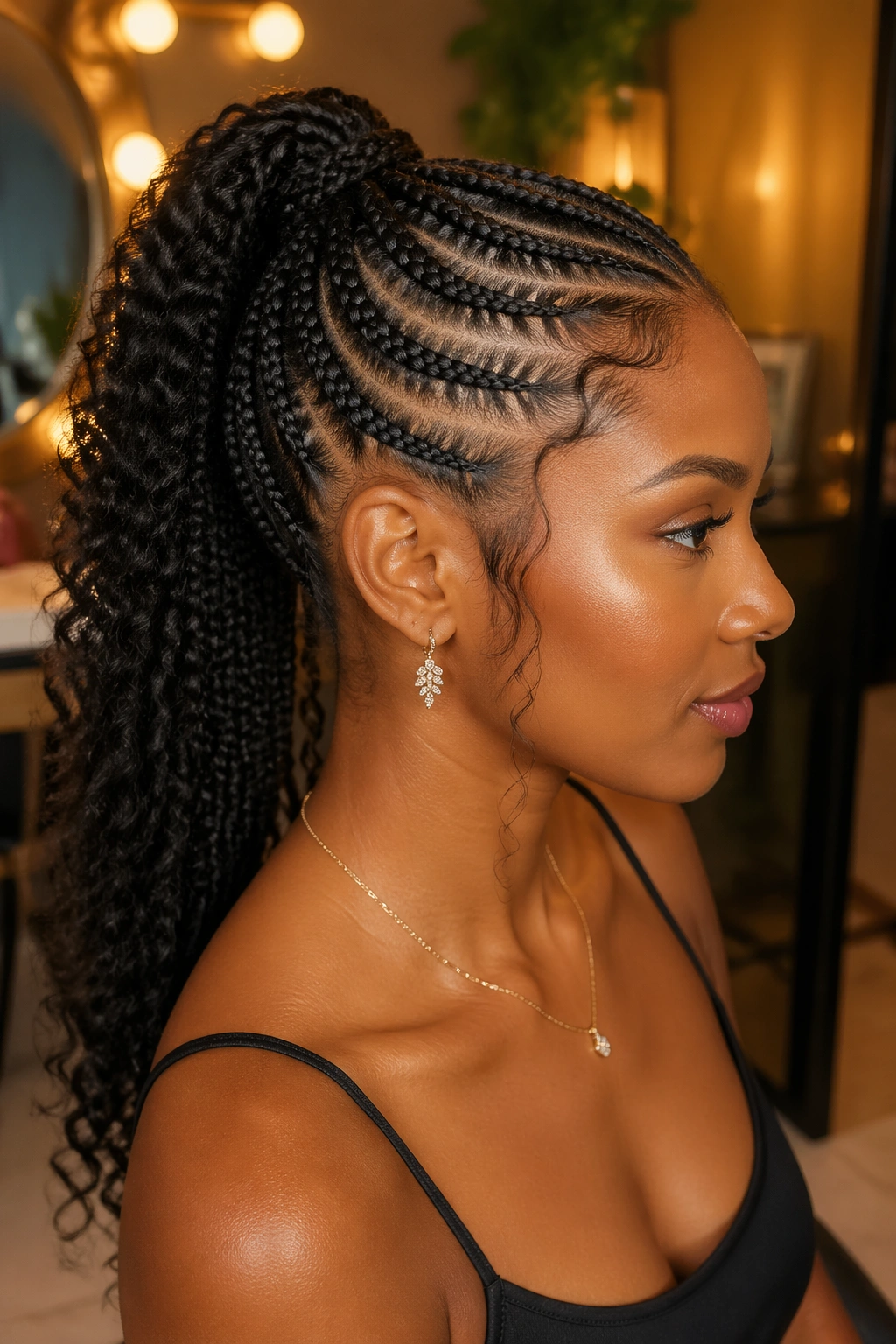 Close-up profile of a real woman with cornrow ponytail showing balanced tension