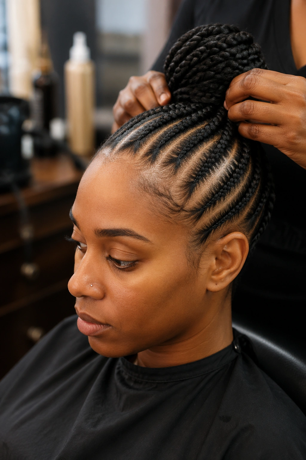 Portrait of a client in a salon chair planning a long cornrow session