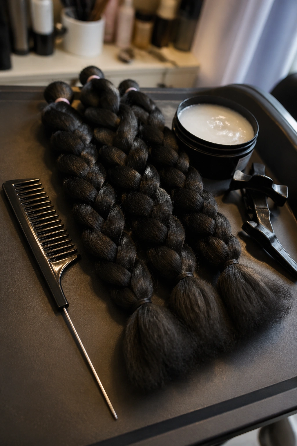 Close-up of wide-toothed comb and kanekalon packs used for big cornrows on a clean surface