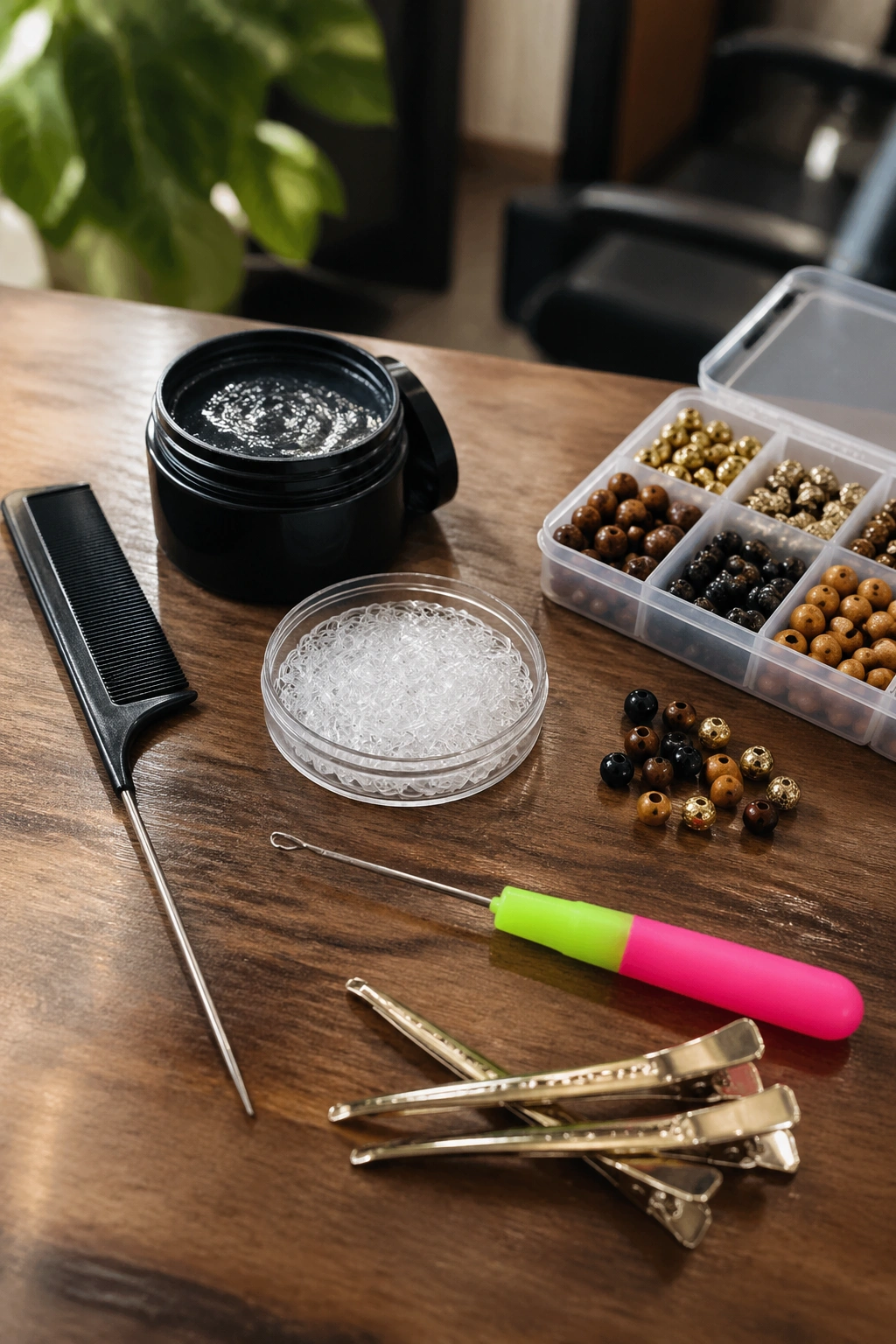 Close-up of cornrow styling tools laid out on a wooden surface.