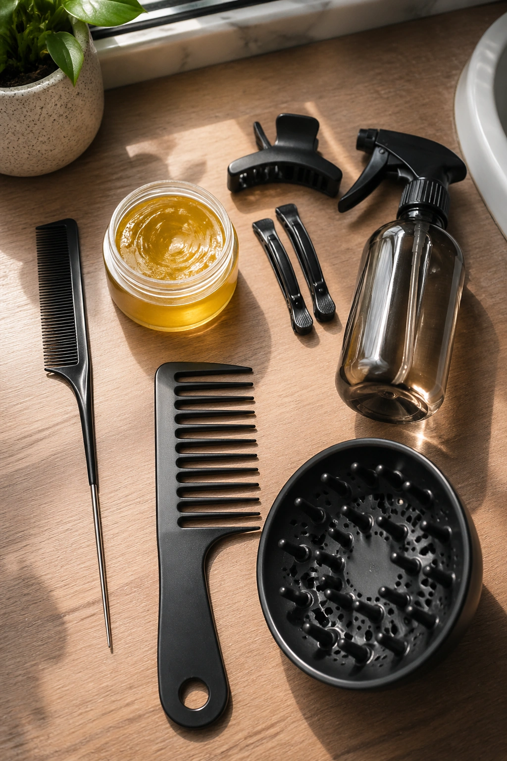 Flat lay of cornrow install tools on a wooden vanity.