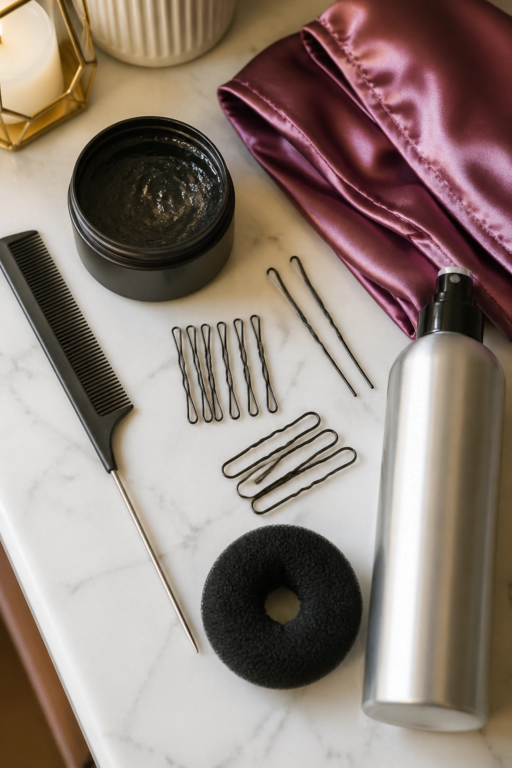Close-up of cornrow updo tools laid out neatly on a table.