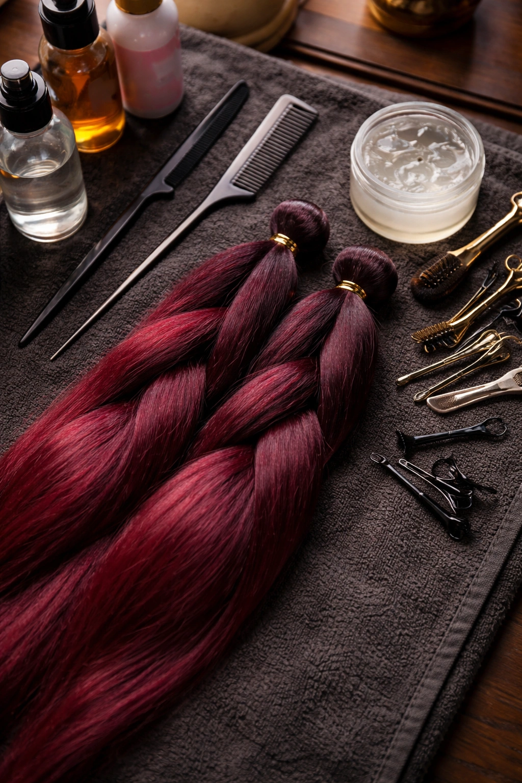 Close-up of cornrow tools on a dark towel in a salon