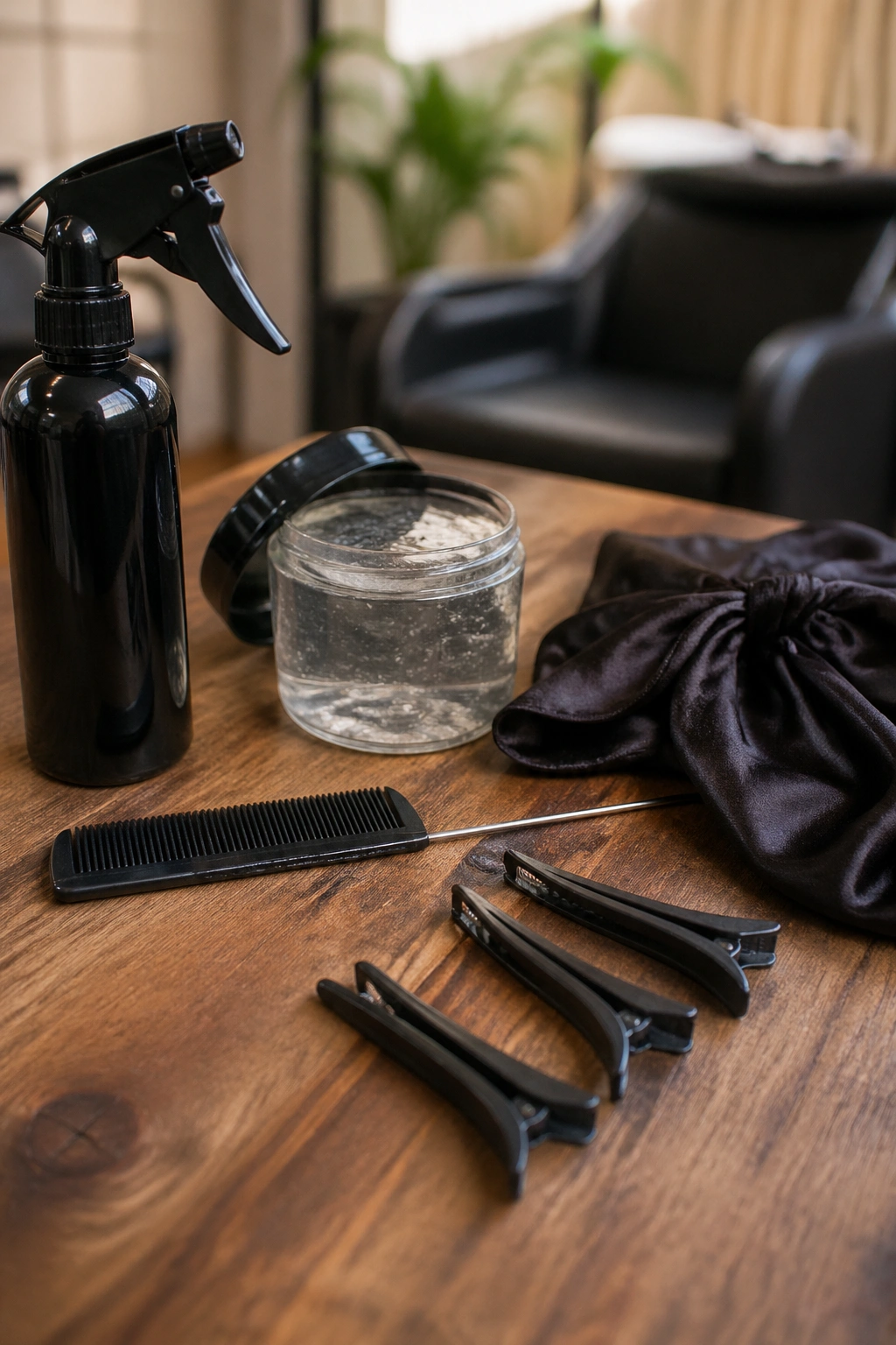 Set of essential cornrow tools arranged on a counter