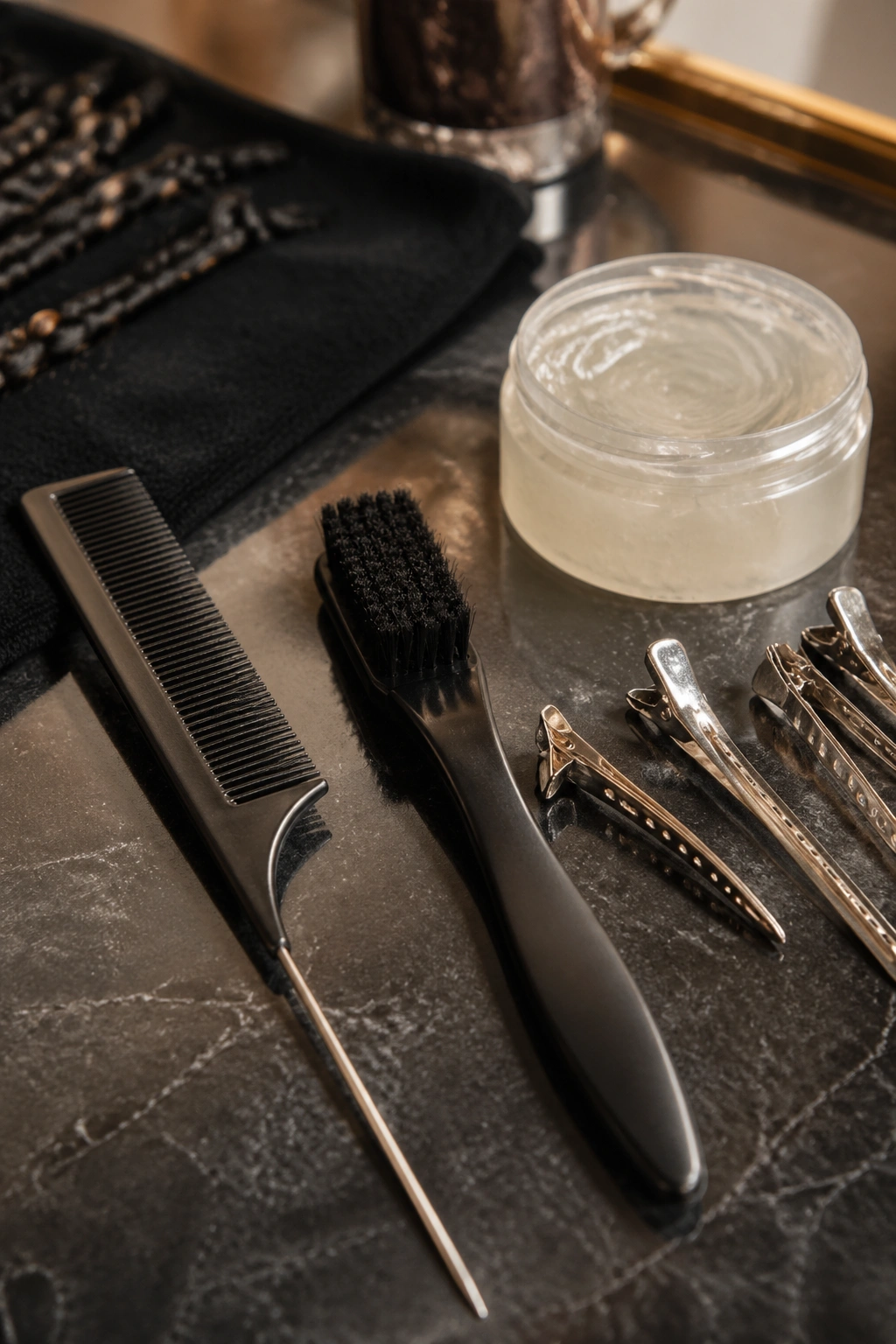Close-up of essential cornrow styling tools on a salon counter