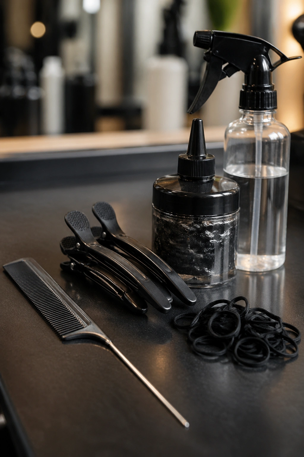 Close-up of cornrow tools arranged on a counter: rat-tail comb, clips, gel, spray bottle, elastics.