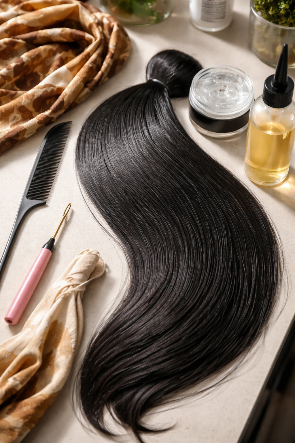 Top-down view of cornrow tools arranged on a salon table.