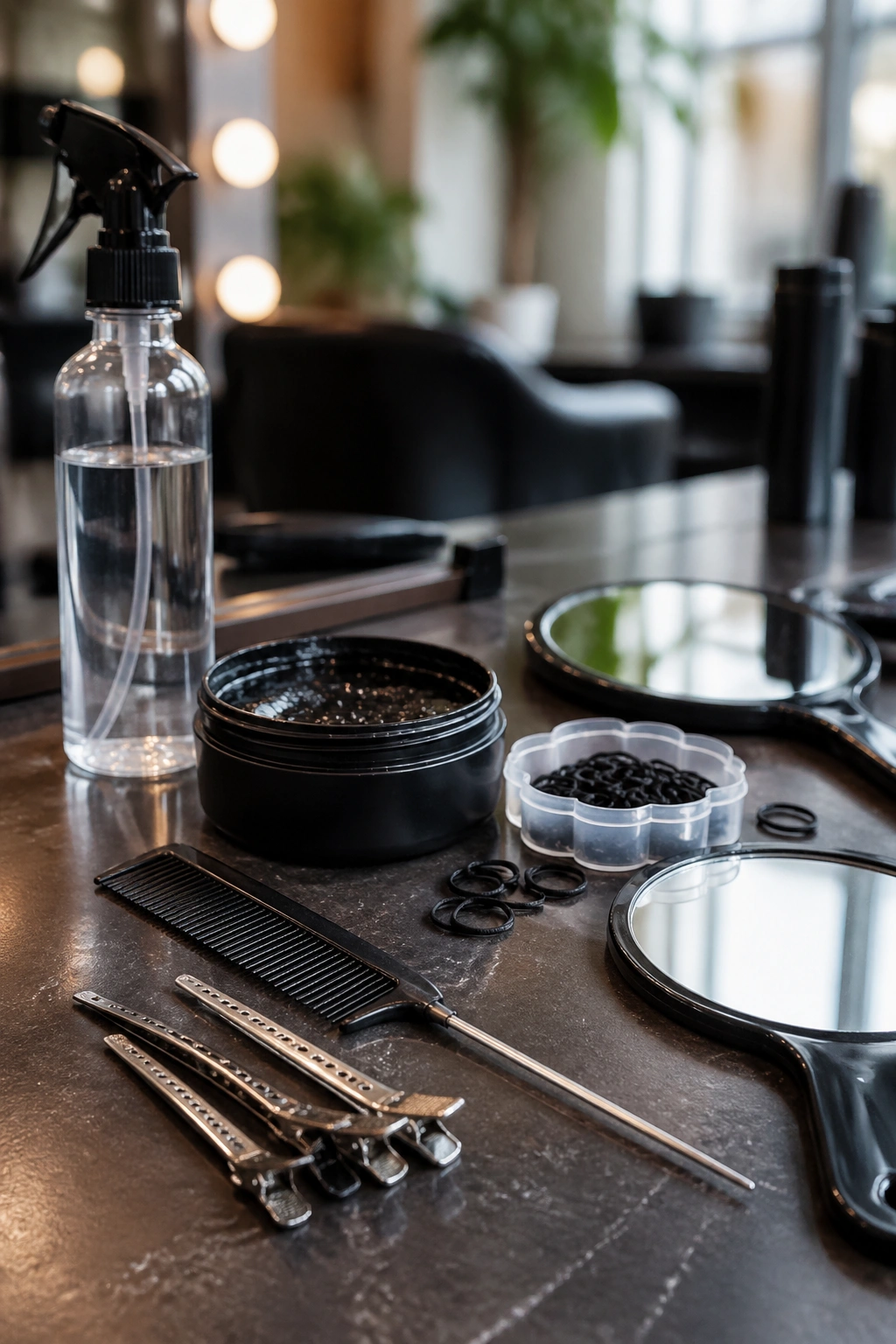 Close-up of cornrow tools arranged on a salon table