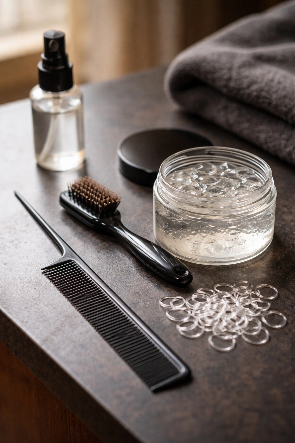 Close-up of cornrow tools laid out on a countertop