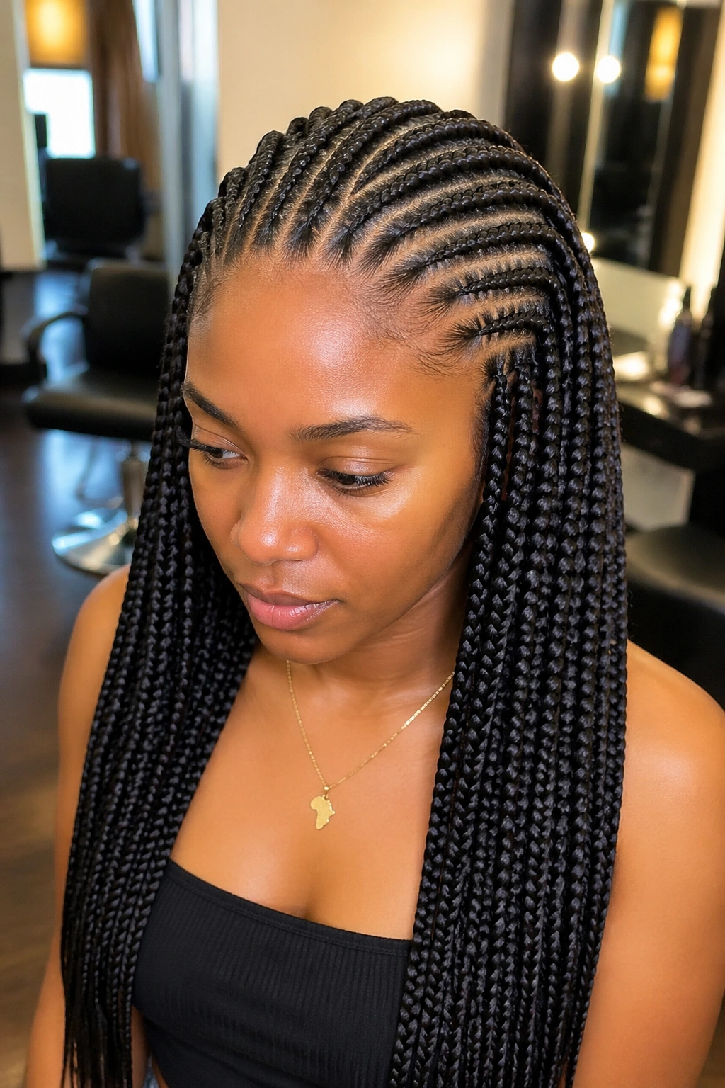 Real woman showing a clean transition from cornrows to box braids.