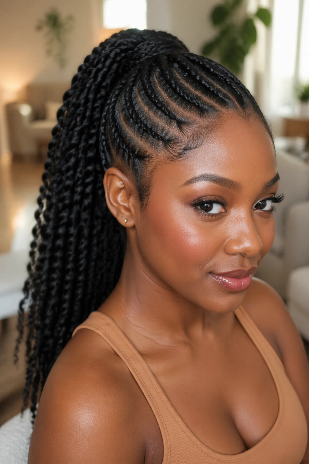 Close-up of a real woman with Feed-In Cornrow Twist Ponytail showing cornrows into a ponytail