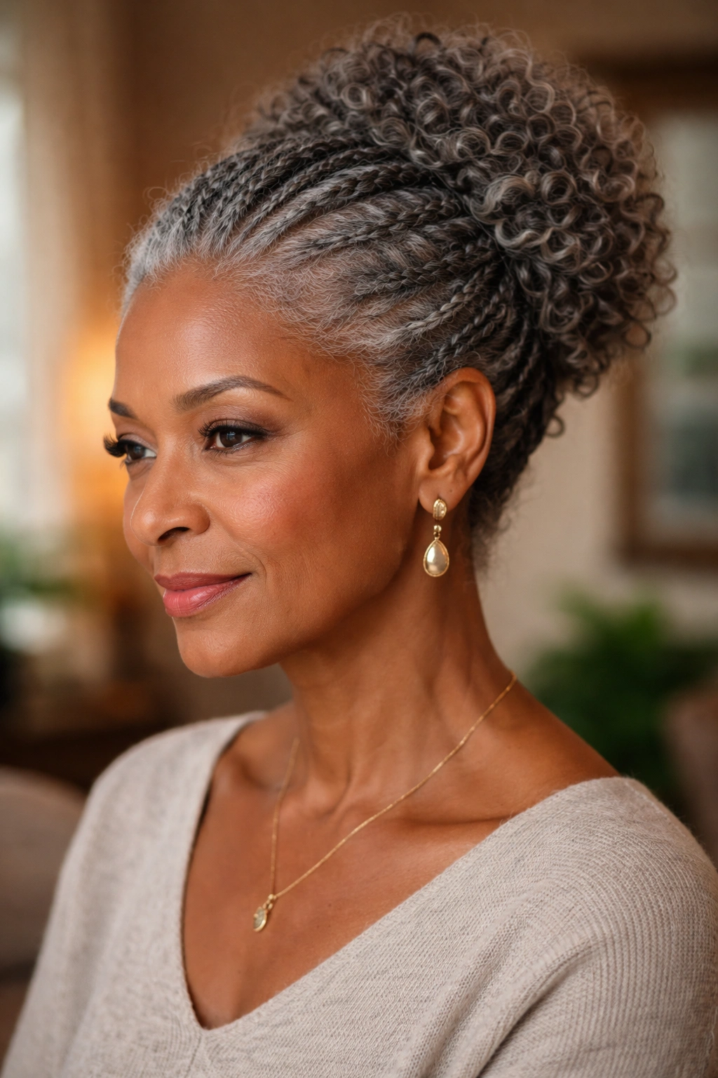 Close-up of a real woman with grey cornrows updo in a cozy living room