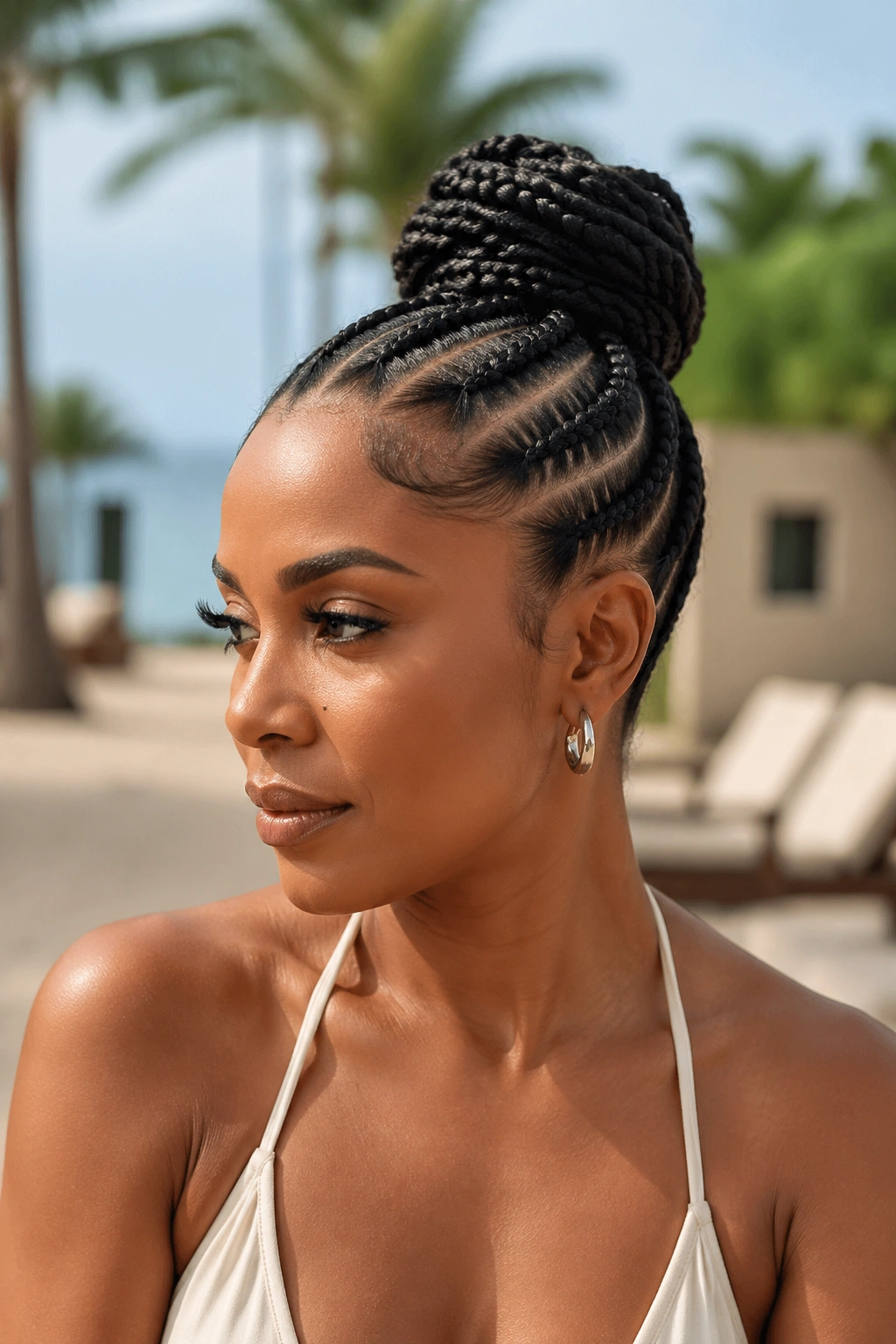 Real person with crown updo made of cornrows outdoors