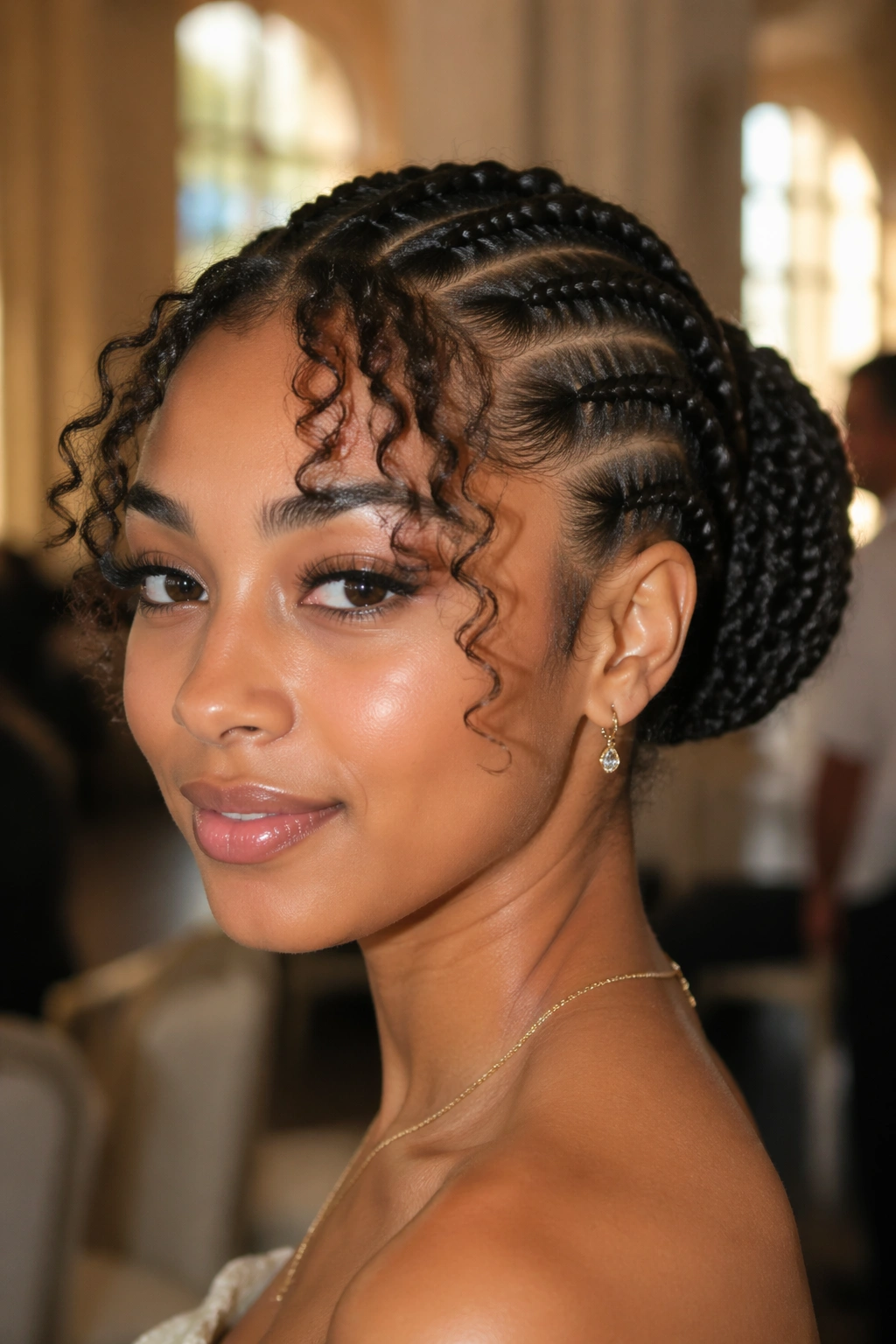 Close-up of a person with cornrow updo and loose curly bangs framing the face