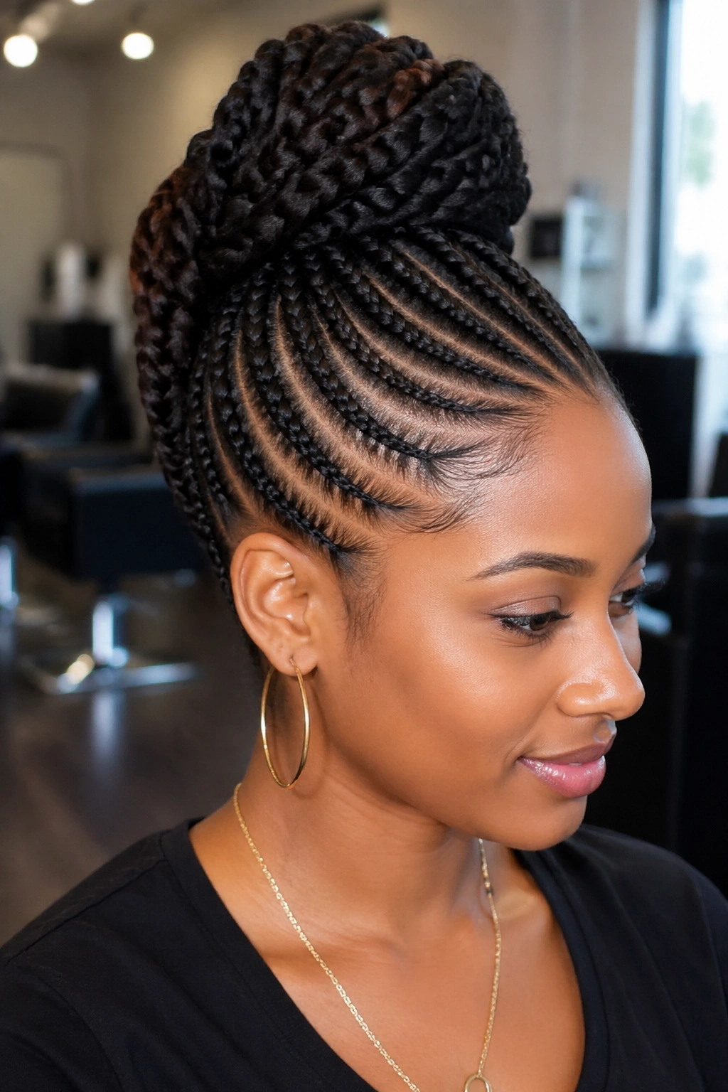 Close-up portrait showing cornrows forming the base leading to a gathered updo.