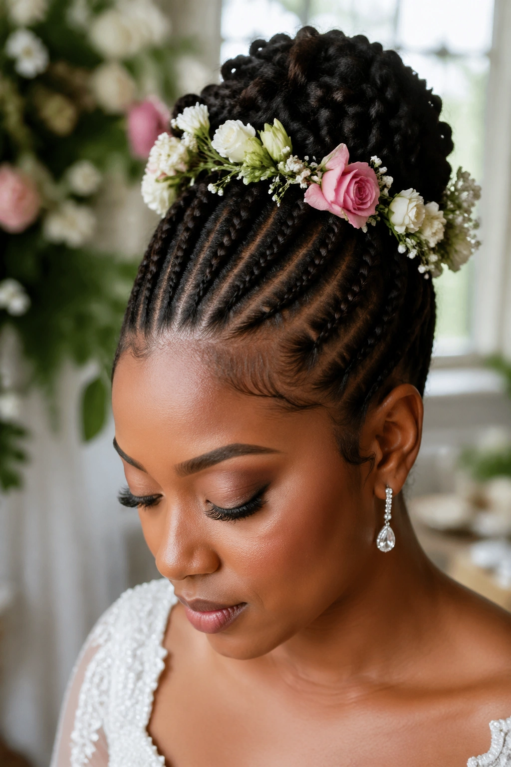 Portrait of woman wearing cornrow updo with floral accents