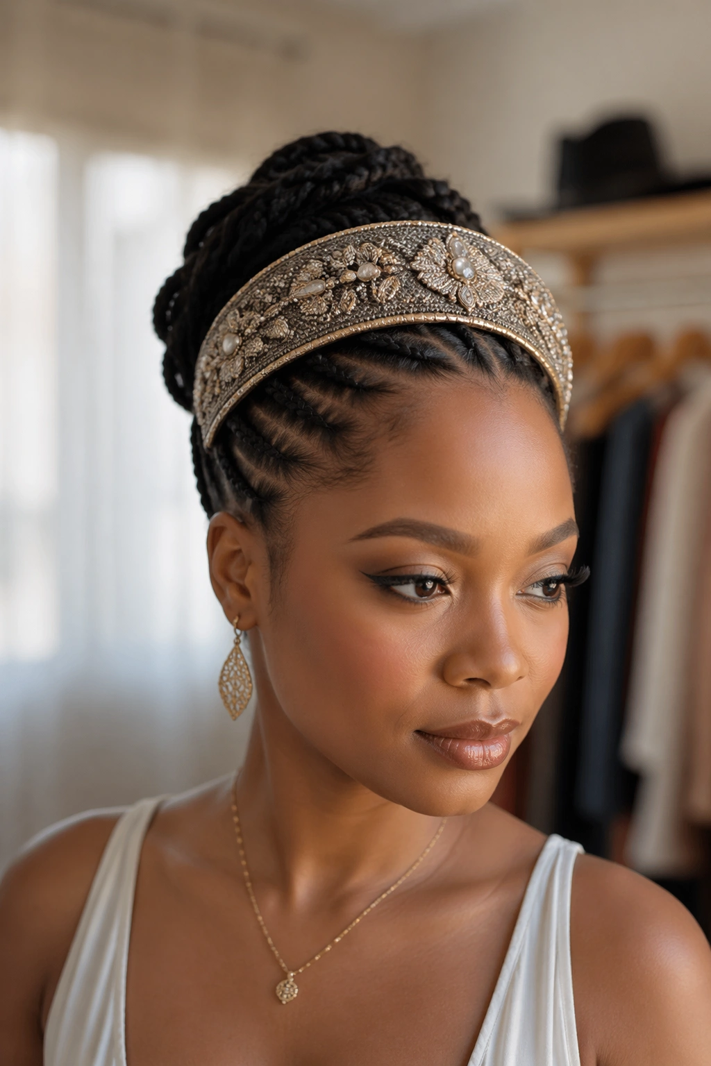 Portrait of a real woman wearing a cornrow updo with an ornate statement headband across the forehead.