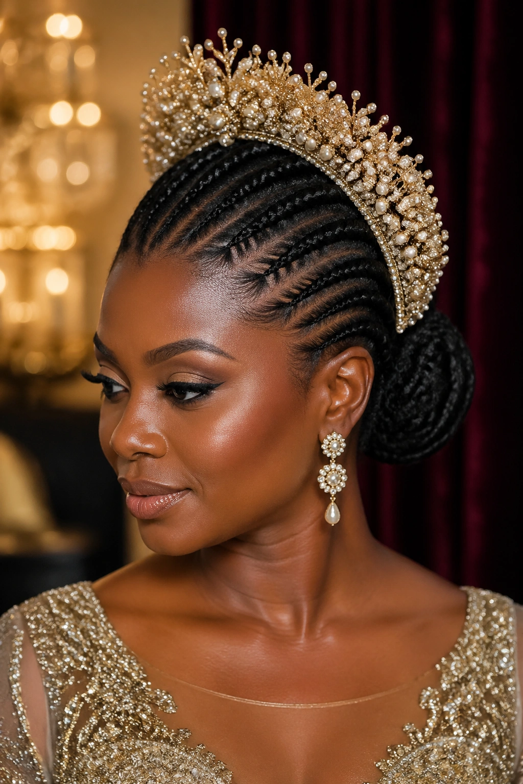 Cornrow updo with bold beaded headpiece